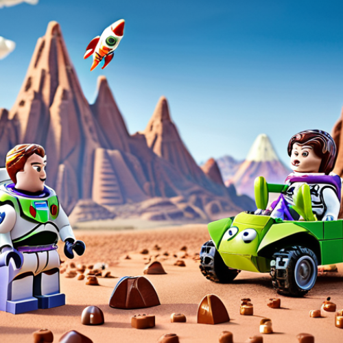 **

Woody and Buzz Lightyear, wearing space suits, exploring an alien planet with Lego brick rockets and pillow mountains in the background. Children are playing with them, using their imagination. A warm, playful scene.

**
