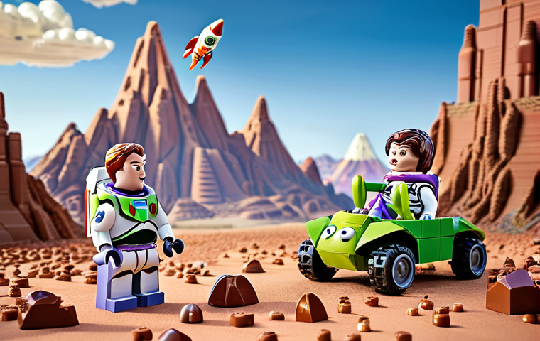 **
Woody and Buzz Lightyear, wearing space suits, exploring an alien planet with Lego brick rockets and pillow mountains in the background. Children are playing with them, using their imagination. A warm, playful scene.
**